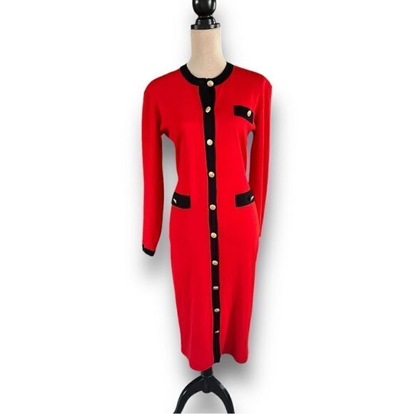 Vintage Red Button Down Sweater Dress with Black Contrast Trim by Outlander, M - Picture 3 of 11